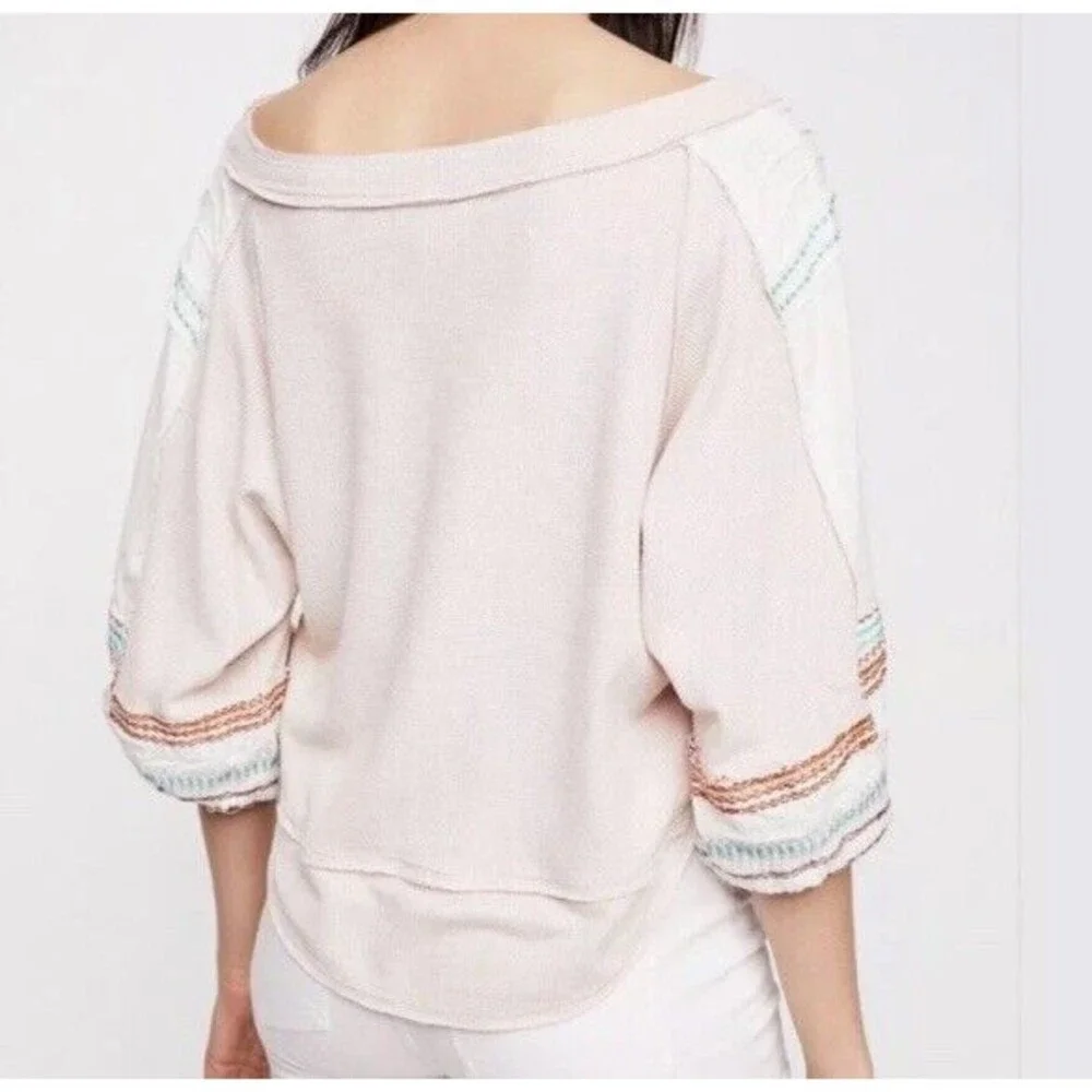 Free People Shirt Womens M Bubble Tee Tops Blouson puff Sleeves embroidered Pink